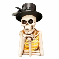 Halloween Decor>Roger's Gardens Black Top Hat Skeleton With Glowing Light - 14" Tall