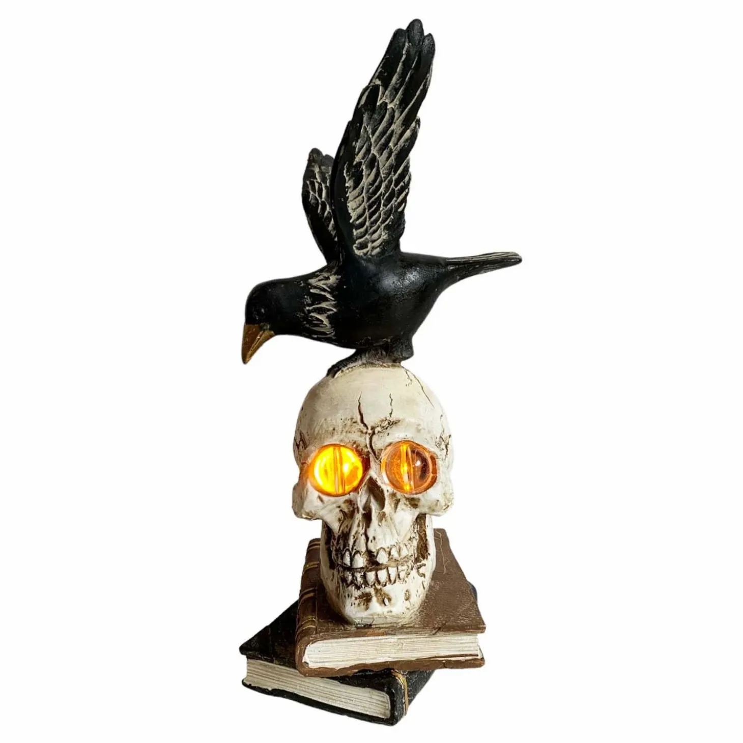 Halloween Decor>Roger's Gardens Flying Black Raven With Glowing Lighted Skull On Book - 13" Tall