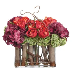 Decor Accents>Roger's Gardens Silk Roses & Hydrangeas In Glass Vase